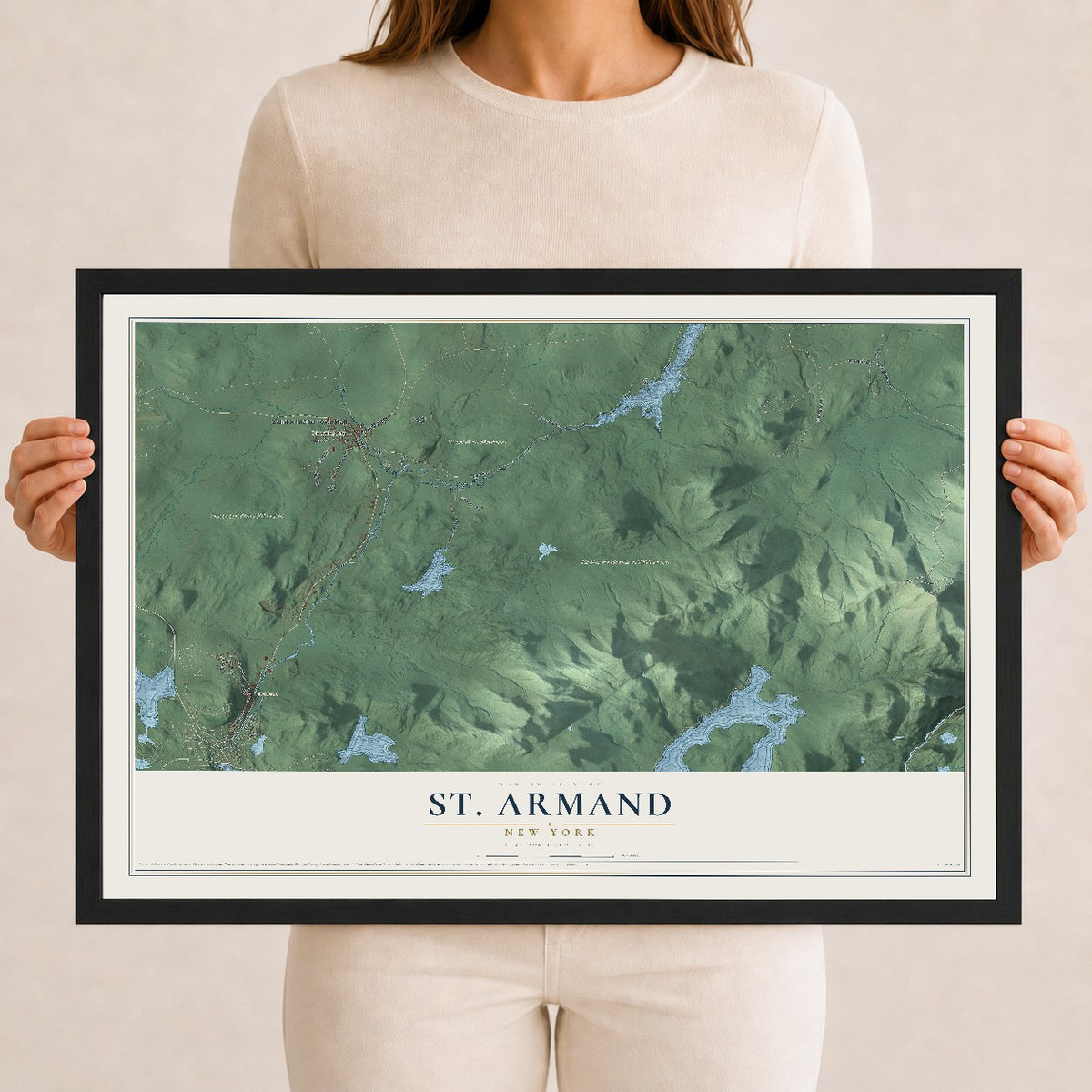 St. Armand, New York map print, 12" x 18" W/ Black Ayous Wood Frame mockup