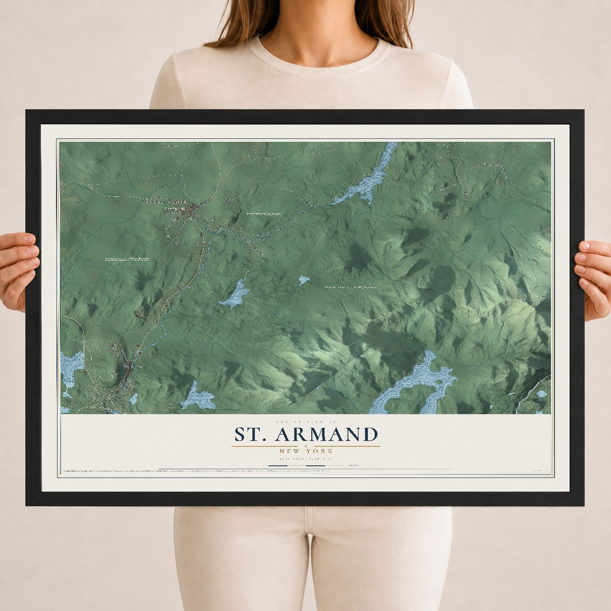 St. Armand, New York map print, 18" x 24" W/ Black Ayous Wood Frame mockup