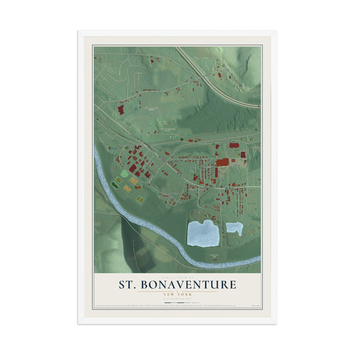 St. Bonaventure, New York map print, 12" x 18" W/ White Ayous Wood Frame mockup