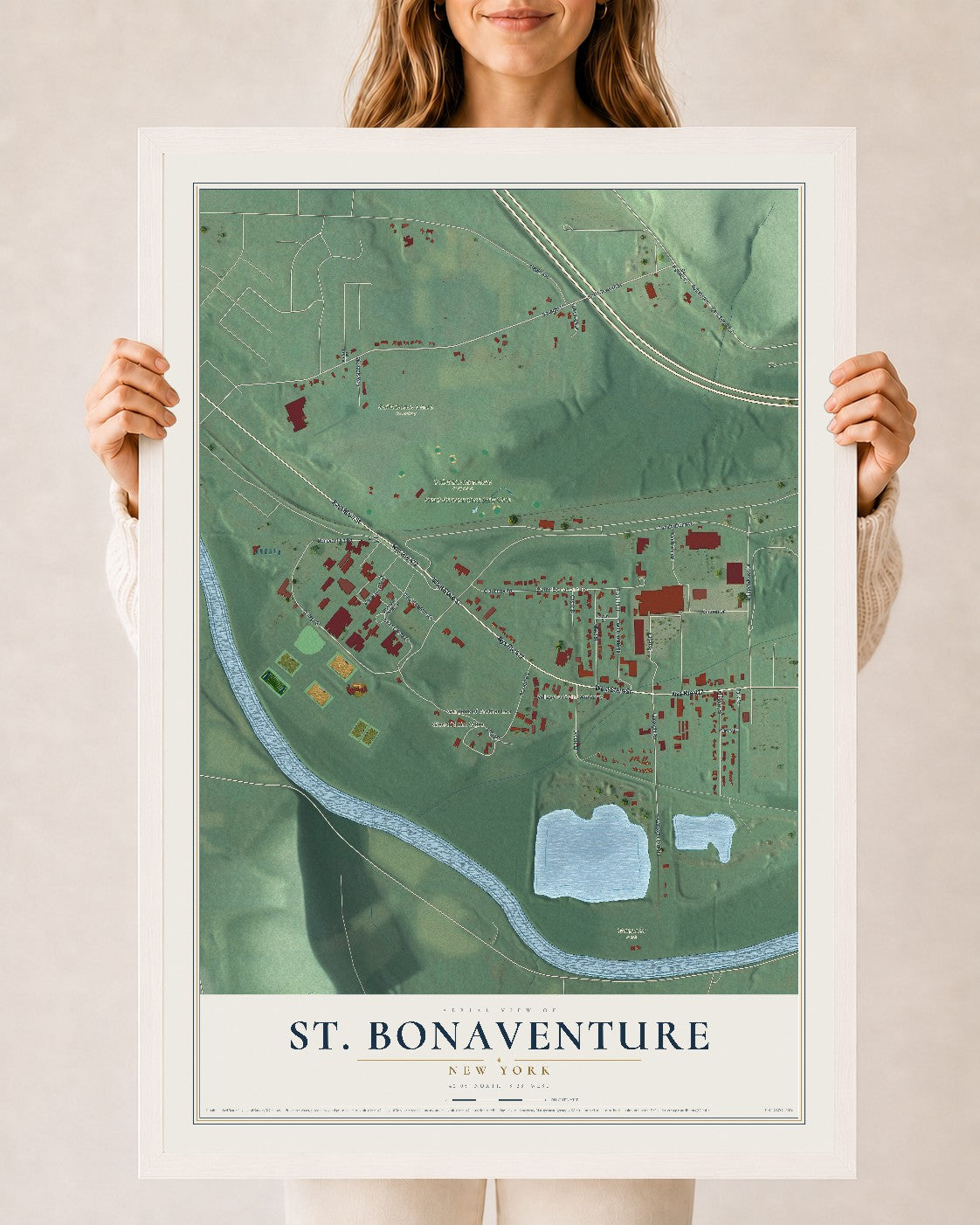 St. Bonaventure, New York map print, 24" x 36" W/ White Ayous Wood Frame mockup