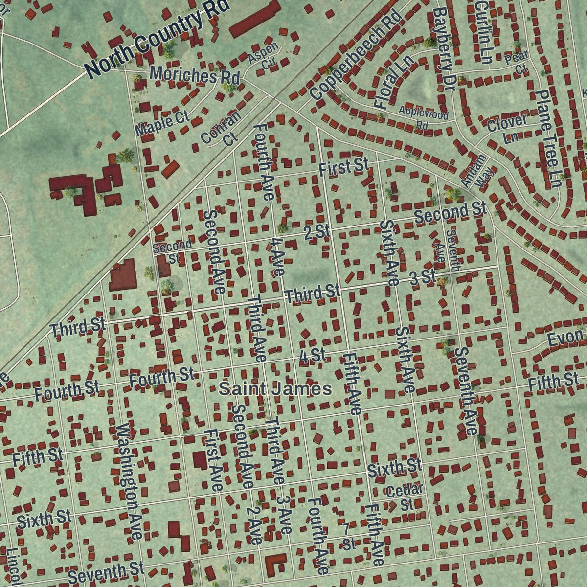 Close-up 1 of the St. James, New York map artwork