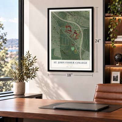 St. John Fisher College, New York map, 18 x 24 inch print in a black frame in a home office