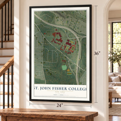 St. John Fisher College, New York map, 24 x 36 inch print in a black frame by a staircase
