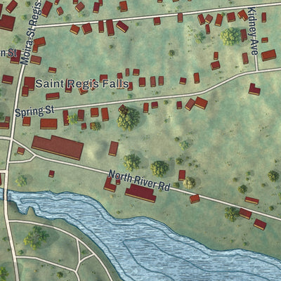 Close-up of the map of St. Regis Falls, New York print showing street and building detail