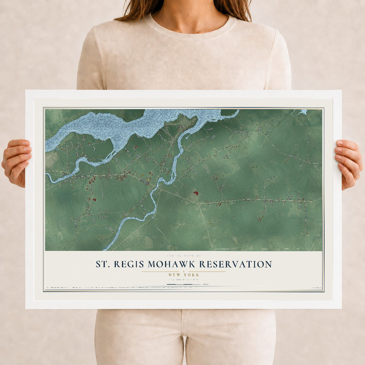 St. Regis Mohawk Reservation, New York map print, 12" x 18" W/ White Ayous Wood Frame mockup
