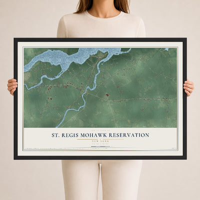 St. Regis Mohawk Reservation, New York map print, 24" x 36" W/ Black Ayous Wood Frame mockup