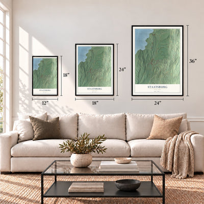 Staatsburg, New York map in 12 x 18, 18 x 24 and 24 x 36 inch sizes above a sofa