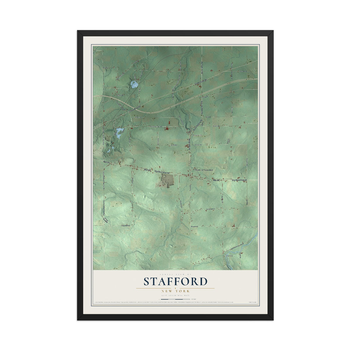 Stafford, New York map print, 12" x 18" W/ Black Ayous Wood Frame mockup