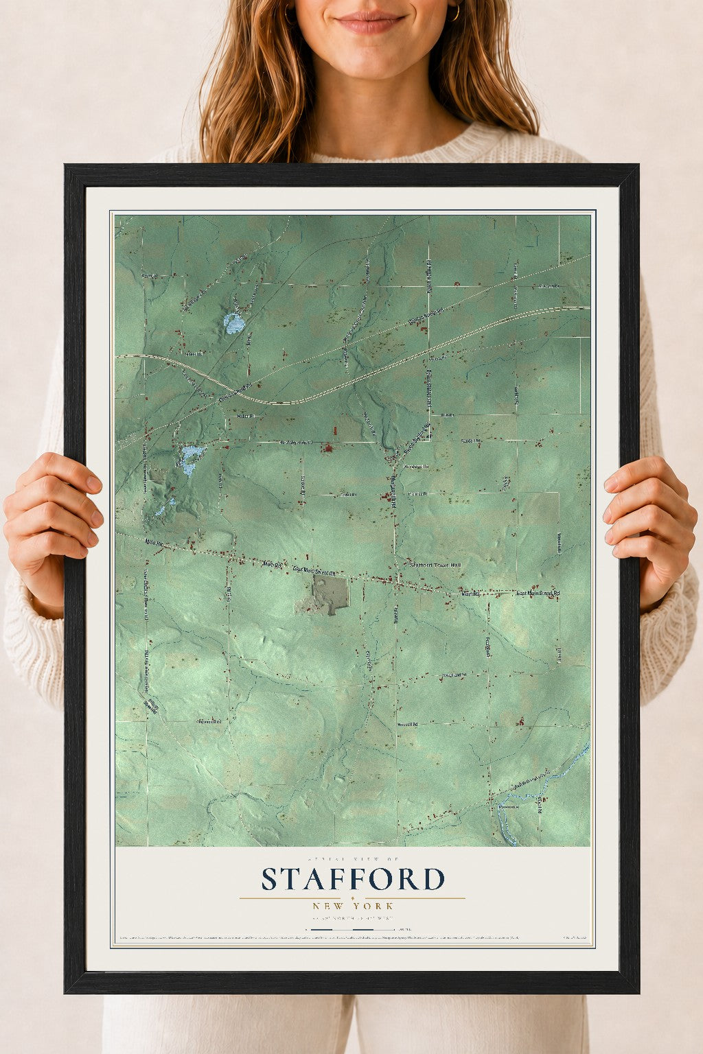 Stafford, New York map print, 18" x 24" W/ Black Ayous Wood Frame mockup