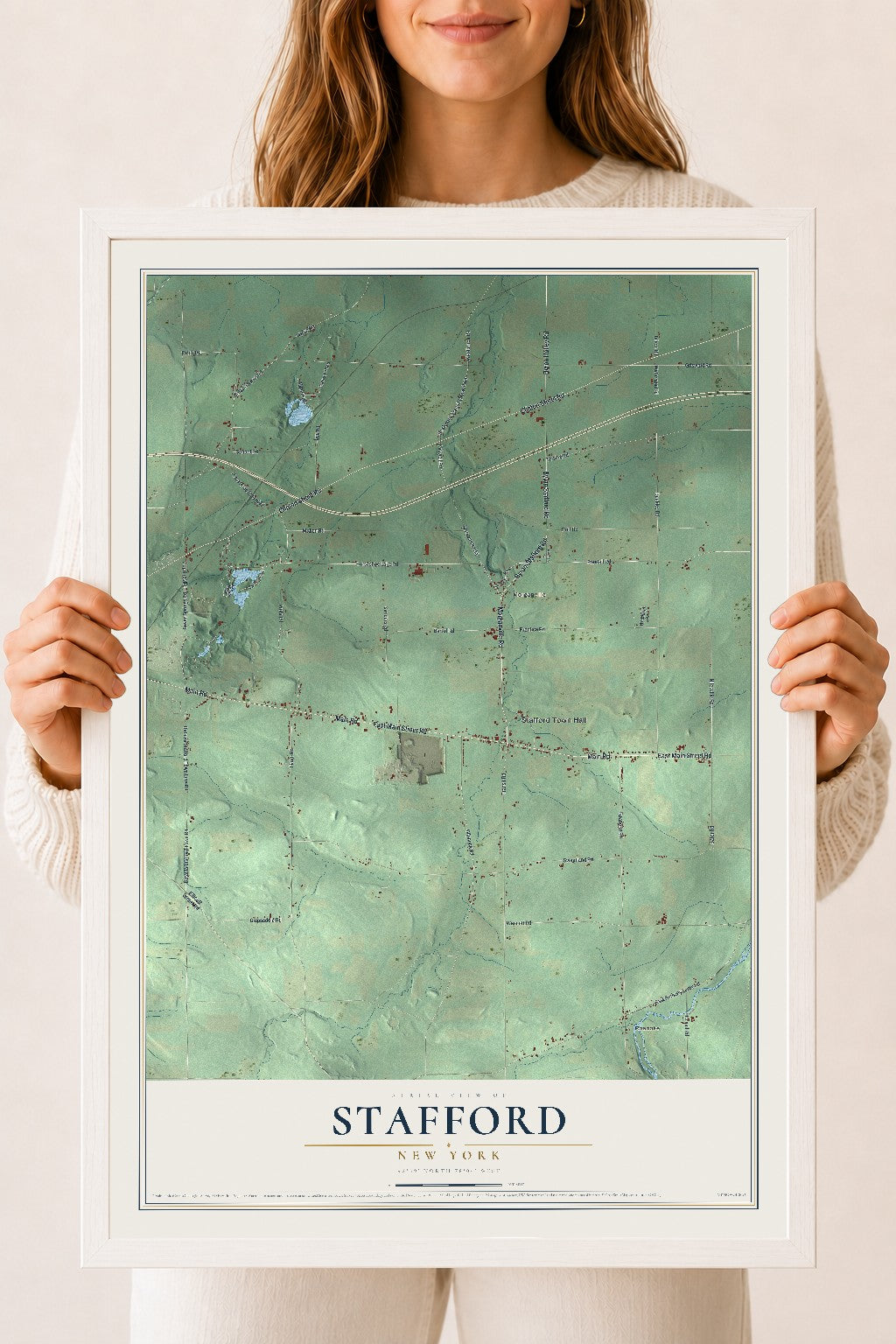 Stafford, New York map print, 18" x 24" W/ White Ayous Wood Frame mockup
