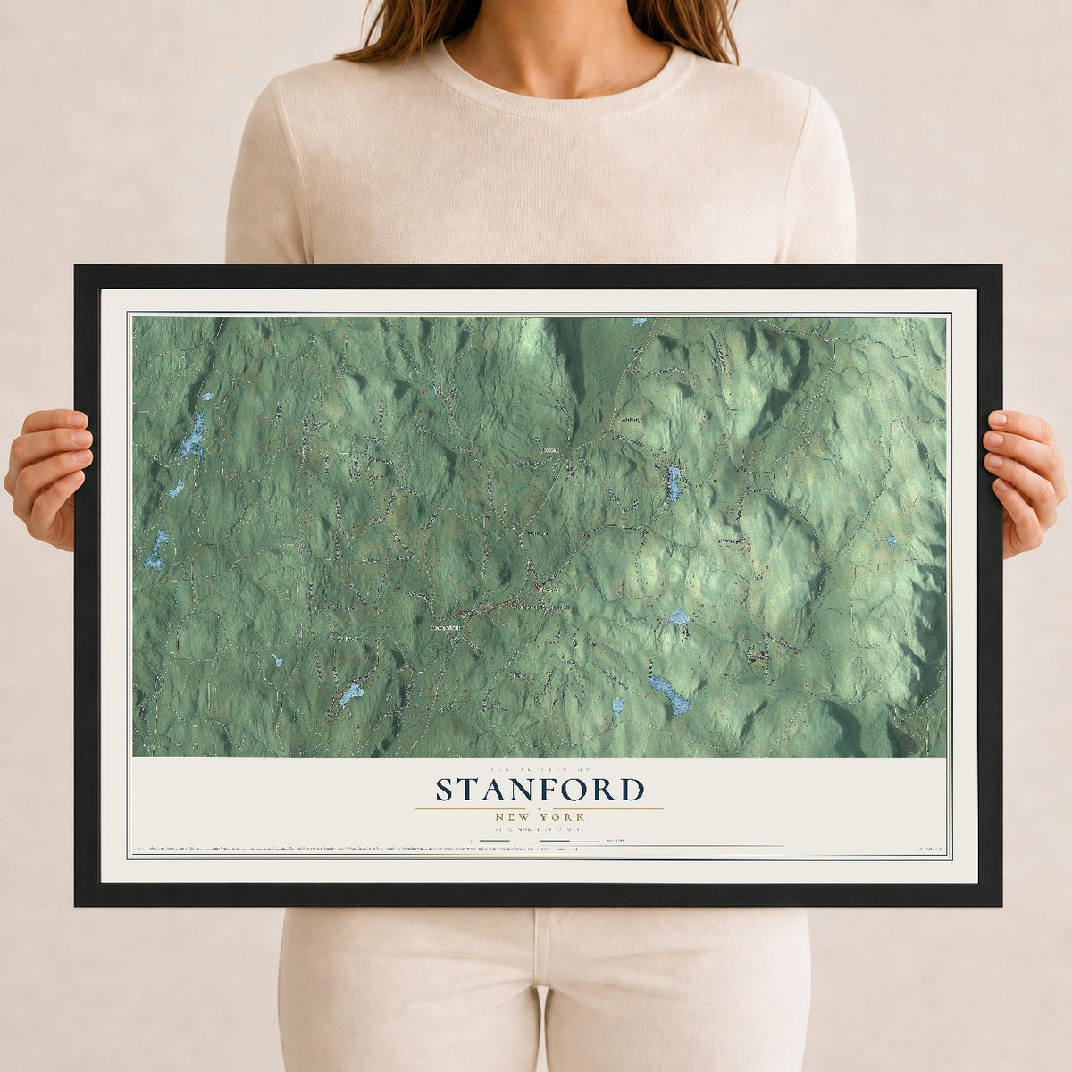 Stanford, New York map print, 12" x 18" W/ Black Ayous Wood Frame mockup