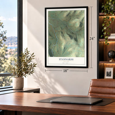 Stannards, New York map, 18 x 24 inch print in a black frame in a home office