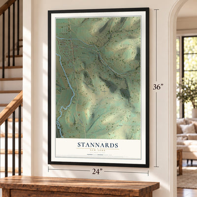 Stannards, New York map, 24 x 36 inch print in a black frame by a staircase