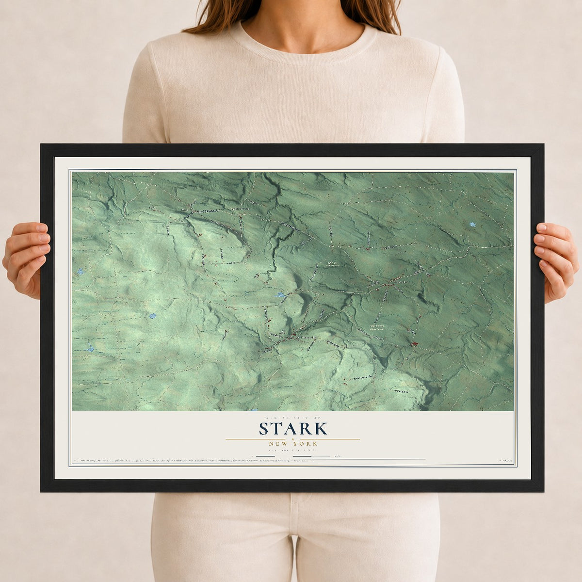 Stark, New York map print, 12" x 18" W/ Black Ayous Wood Frame mockup