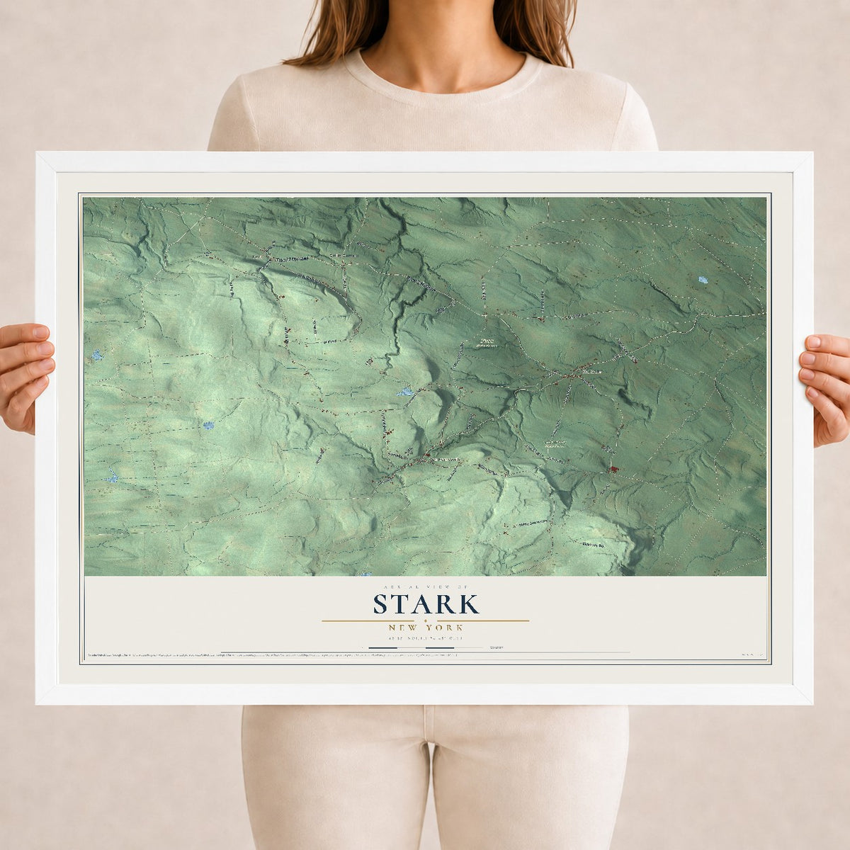 Stark, New York map print, 18" x 24" W/ White Ayous Wood Frame mockup