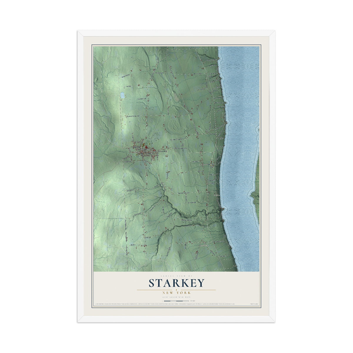 Starkey, New York map print, 12" x 18" W/ White Ayous Wood Frame mockup
