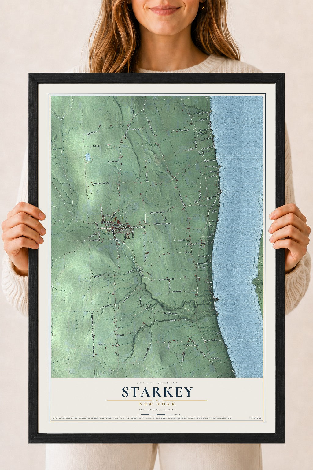 Starkey, New York map print, 18" x 24" W/ Black Ayous Wood Frame mockup