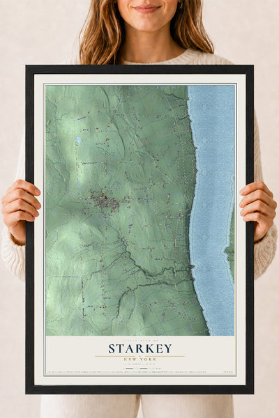 Starkey, New York map print, 18" x 24" W/ Black Ayous Wood Frame mockup