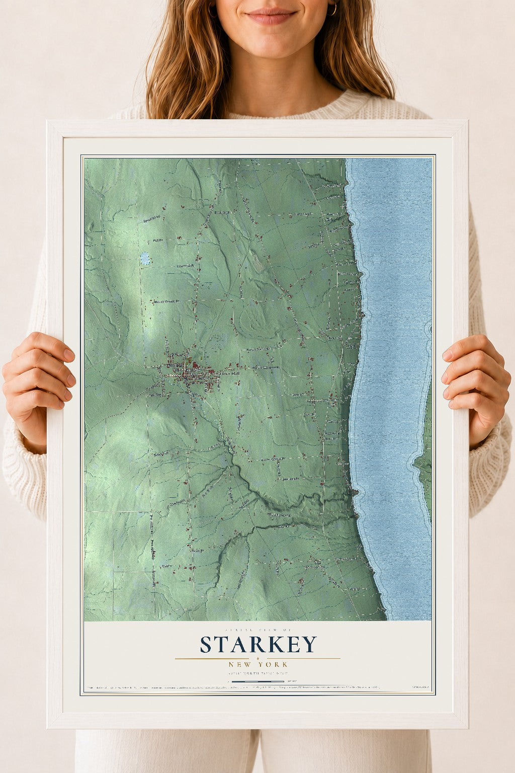 Starkey, New York map print, 18" x 24" W/ White Ayous Wood Frame mockup