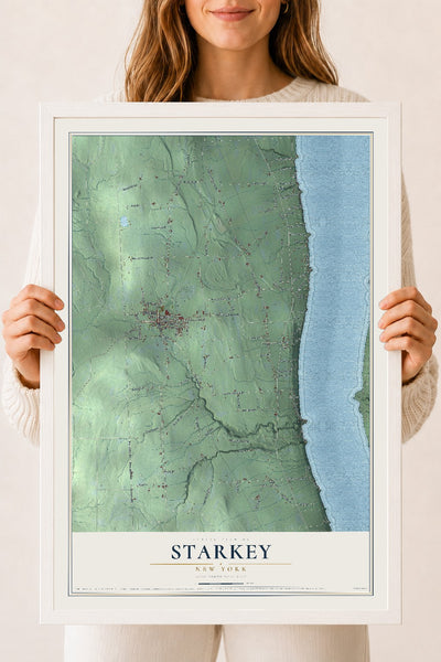 Starkey, New York map print, 18" x 24" W/ White Ayous Wood Frame mockup