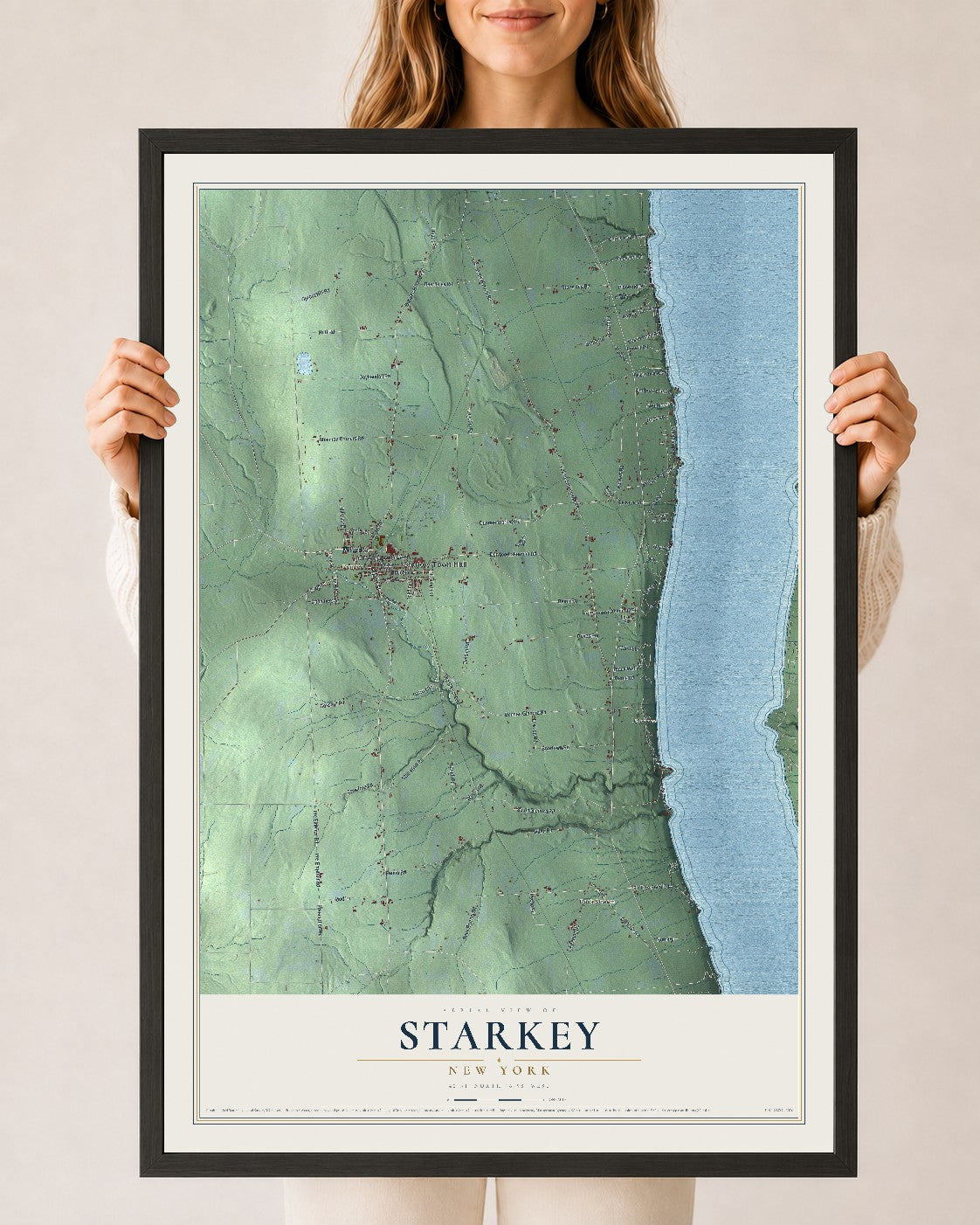 Starkey, New York map print, 24" x 36" W/ Black Ayous Wood Frame mockup