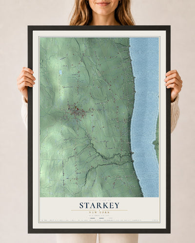 Starkey, New York map print, 24" x 36" W/ Black Ayous Wood Frame mockup