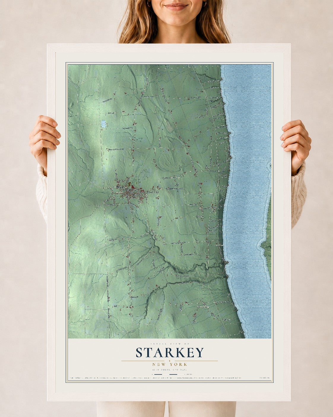 Starkey, New York map print, 24" x 36" W/ White Ayous Wood Frame mockup