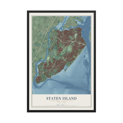 Map of Staten Island, New York, 12 x 18 inch print in a black wood frame