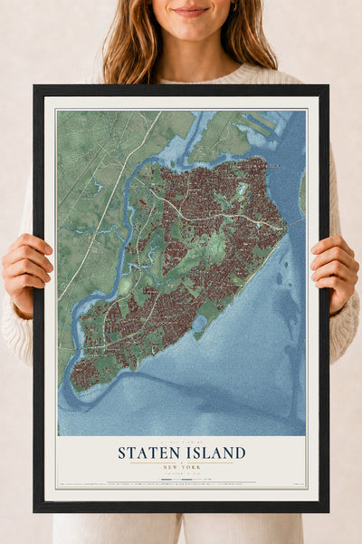 Map of Staten Island, New York, 18 x 24 inch print in a black wood frame