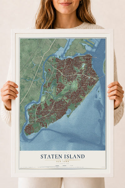 Map of Staten Island, New York, 18 x 24 inch print in a white wood frame