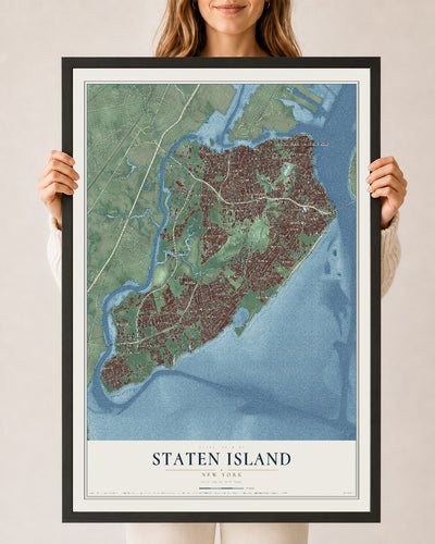 Map of Staten Island, New York, 24 x 36 inch print in a black wood frame