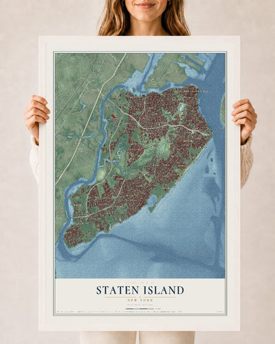 Map of Staten Island, New York, 24 x 36 inch print in a white wood frame
