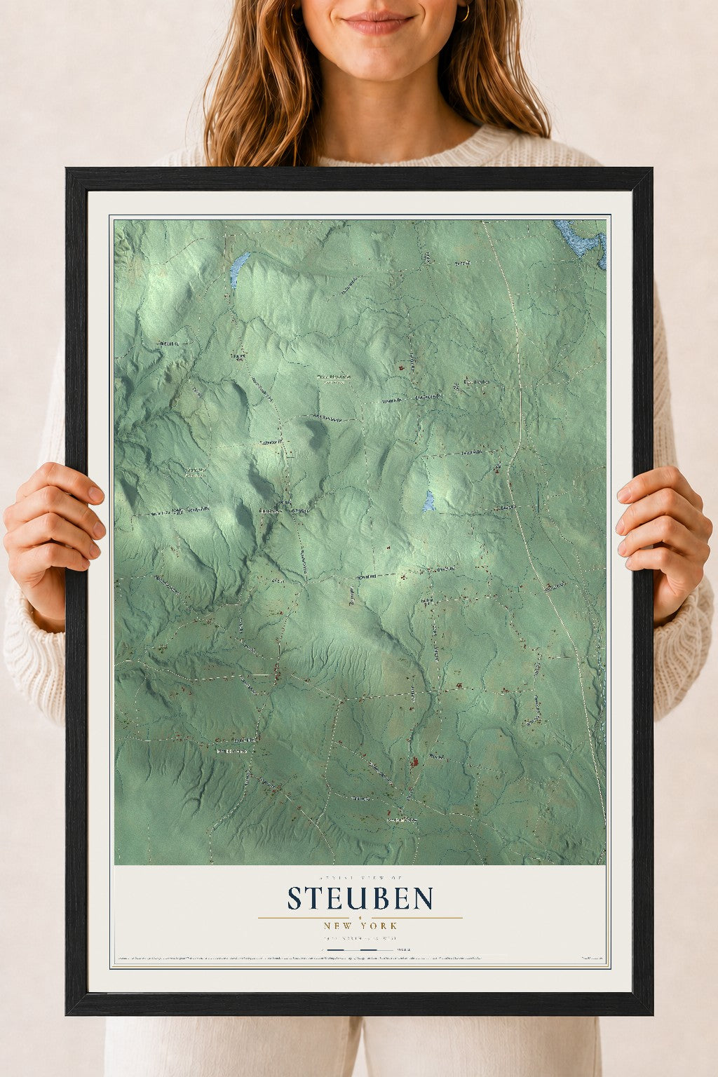 Steuben, New York map print, 18" x 24" W/ Black Ayous Wood Frame mockup
