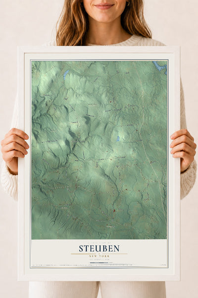 Steuben, New York map print, 18" x 24" W/ White Ayous Wood Frame mockup