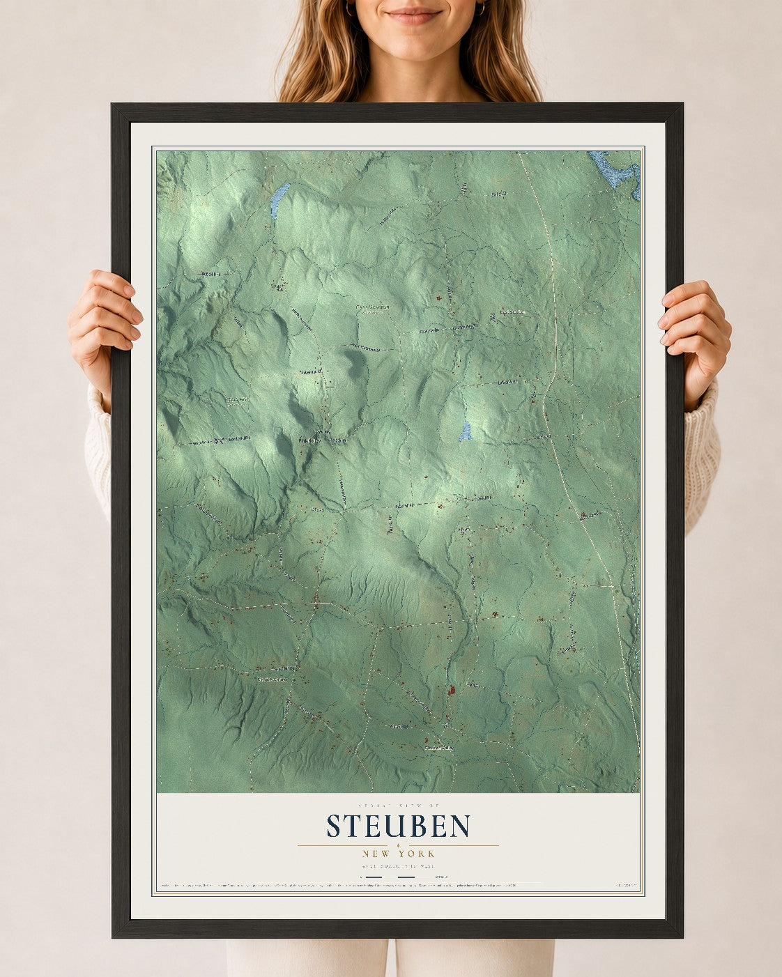 Steuben, New York map print, 24" x 36" W/ Black Ayous Wood Frame mockup