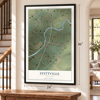 Stittville, New York map, 24 x 36 inch print in a black frame by a staircase