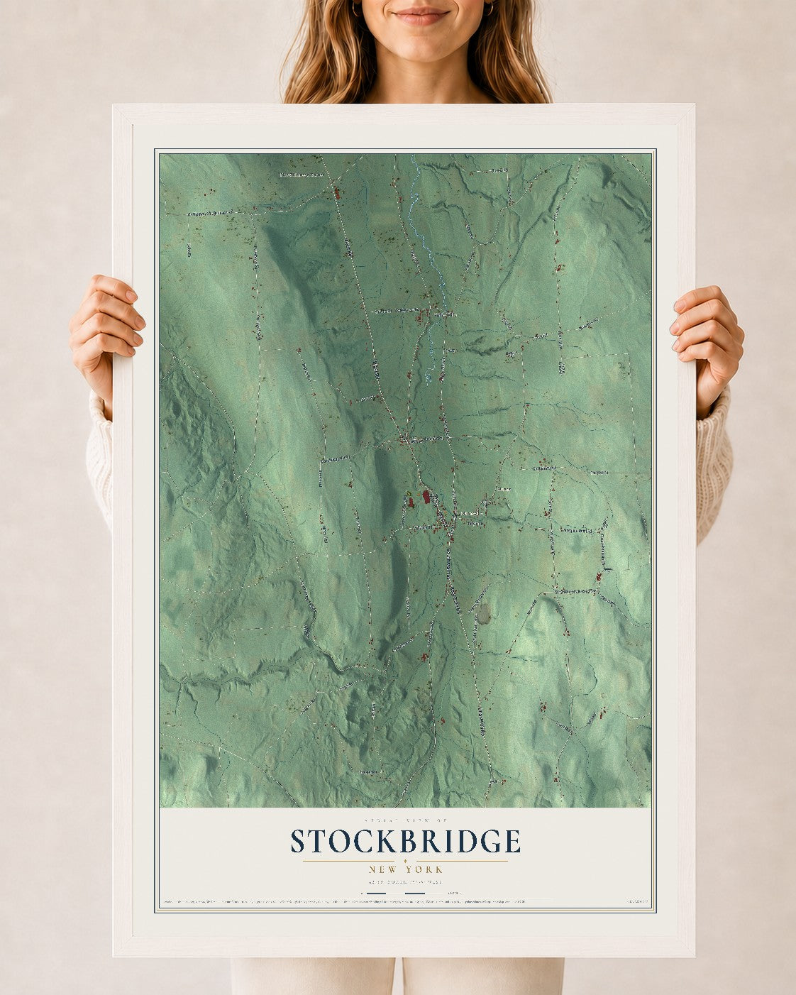 Stockbridge, New York map print, 24" x 36" W/ White Ayous Wood Frame mockup