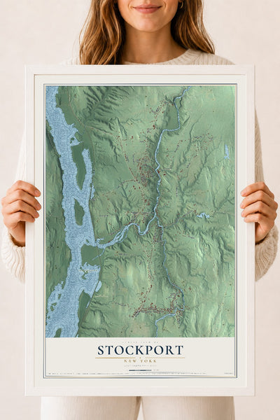 Stockport, New York map print, 18" x 24" W/ White Ayous Wood Frame mockup