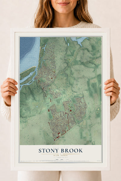 Stony Brook, New York map print, 18" x 24" W/ White Ayous Wood Frame mockup