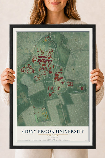 Stony Brook University, New York map print, 18" x 24" W/ Black Ayous Wood Frame mockup