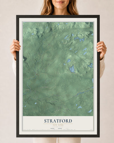 Stratford, New York map print, 24" x 36" W/ Black Ayous Wood Frame mockup