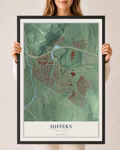 Suffern, New York map print, 24" x 36" W/ Black Ayous Wood Frame mockup