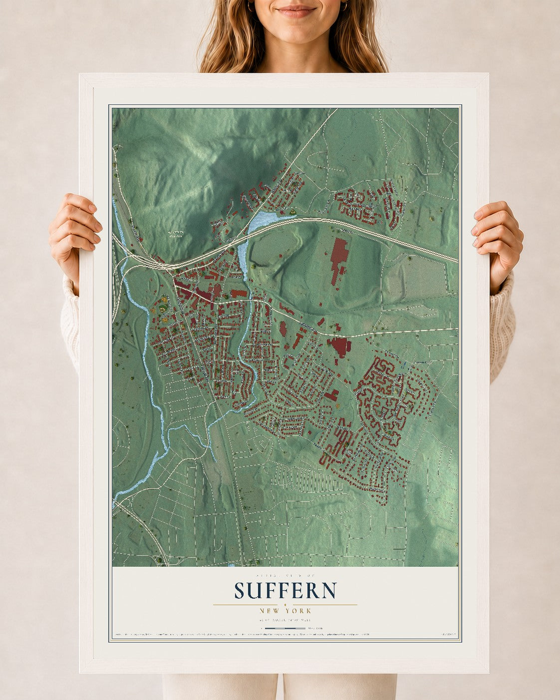 Suffern, New York map print, 24" x 36" W/ White Ayous Wood Frame mockup