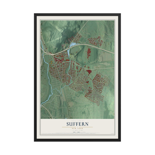 Map of Suffern, New York, 12 x 18 inch print in a black wood frame
