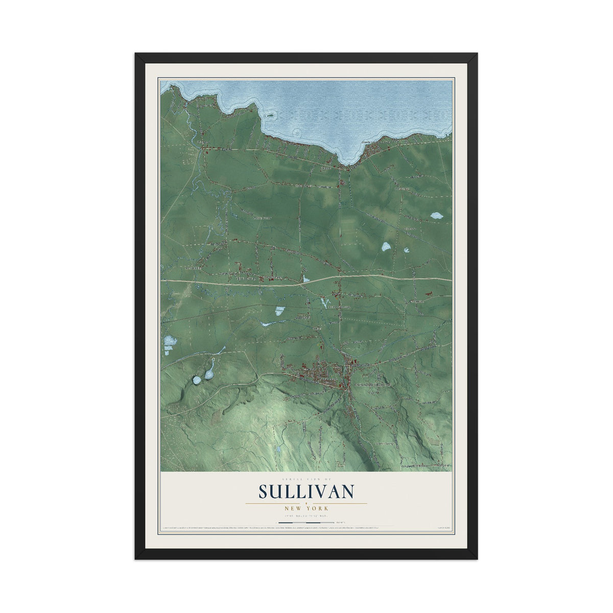 Sullivan, New York map print, 12" x 18" W/ Black Ayous Wood Frame mockup