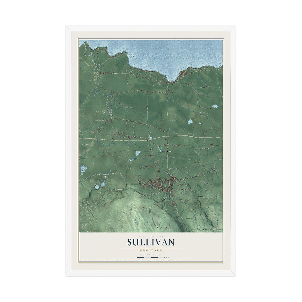 Sullivan, New York map print, 12" x 18" W/ White Ayous Wood Frame mockup