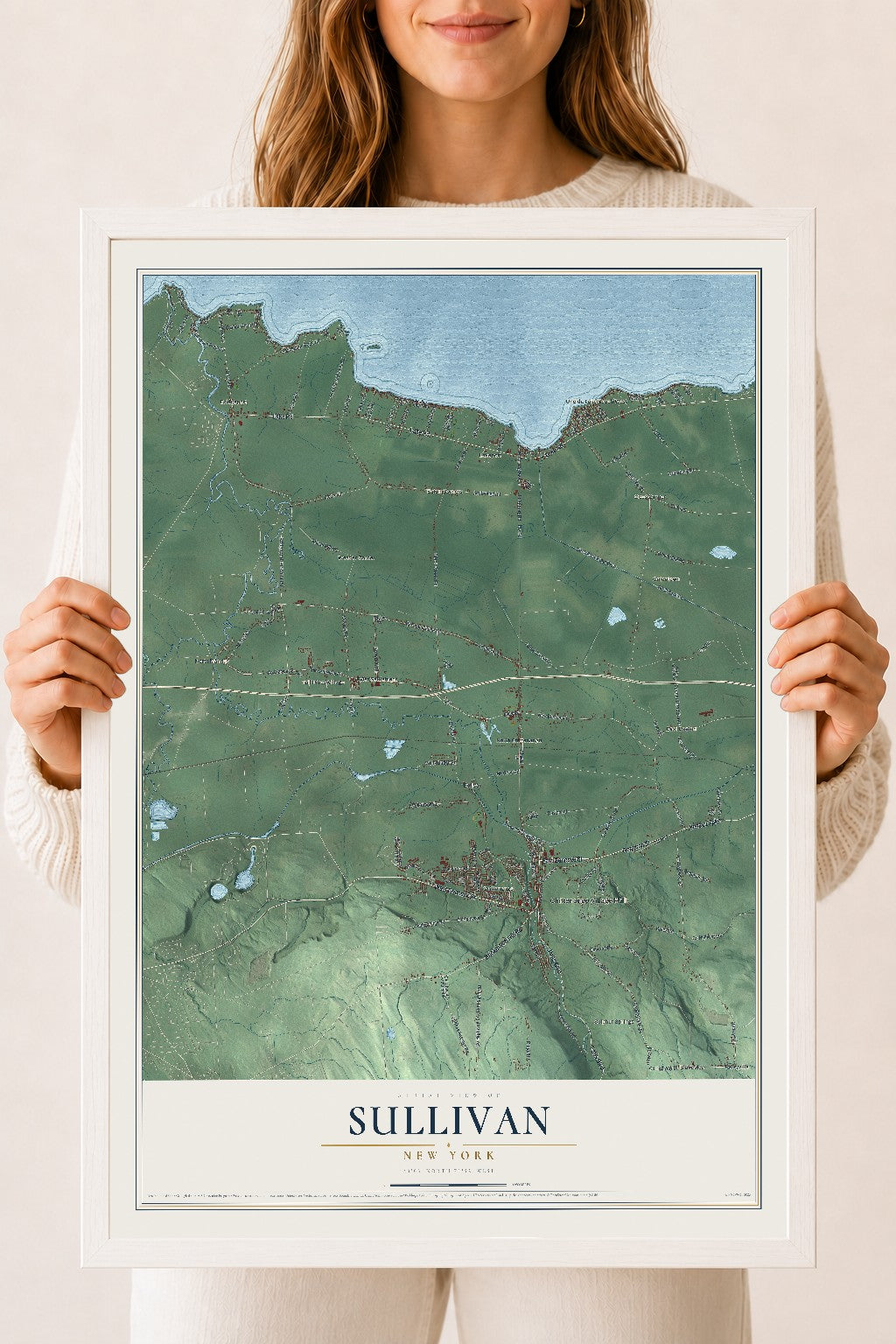 Sullivan, New York map print, 18" x 24" W/ White Ayous Wood Frame mockup
