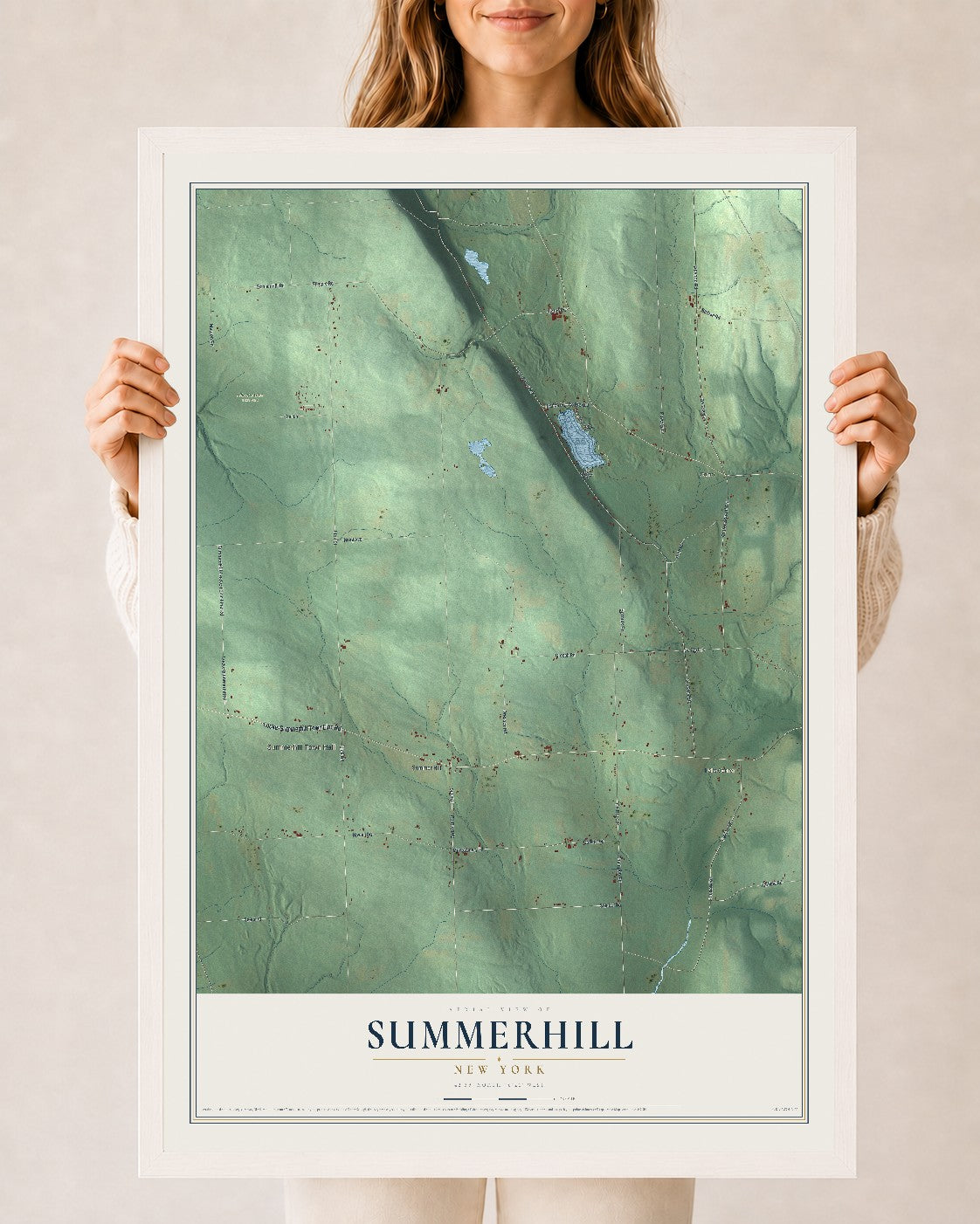 Summerhill, New York map print, 24" x 36" W/ White Ayous Wood Frame mockup