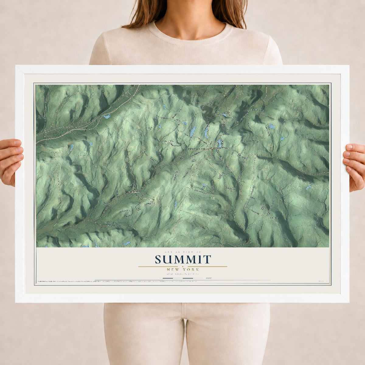 Summit, New York map print, 18" x 24" W/ White Ayous Wood Frame mockup