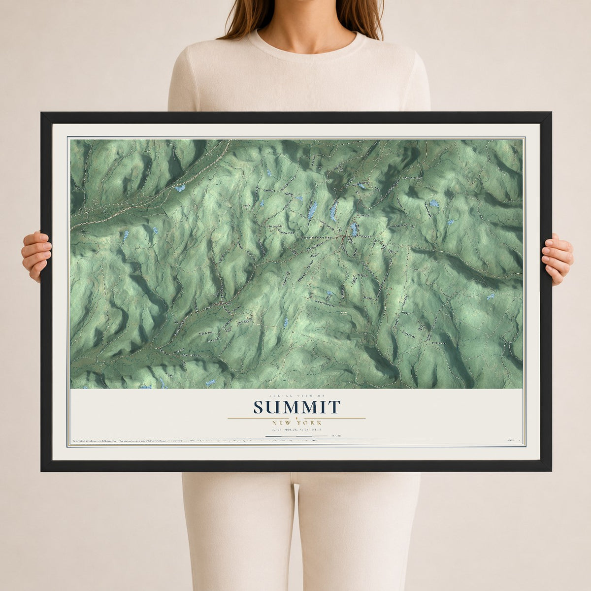 Summit, New York map print, 24" x 36" W/ Black Ayous Wood Frame mockup